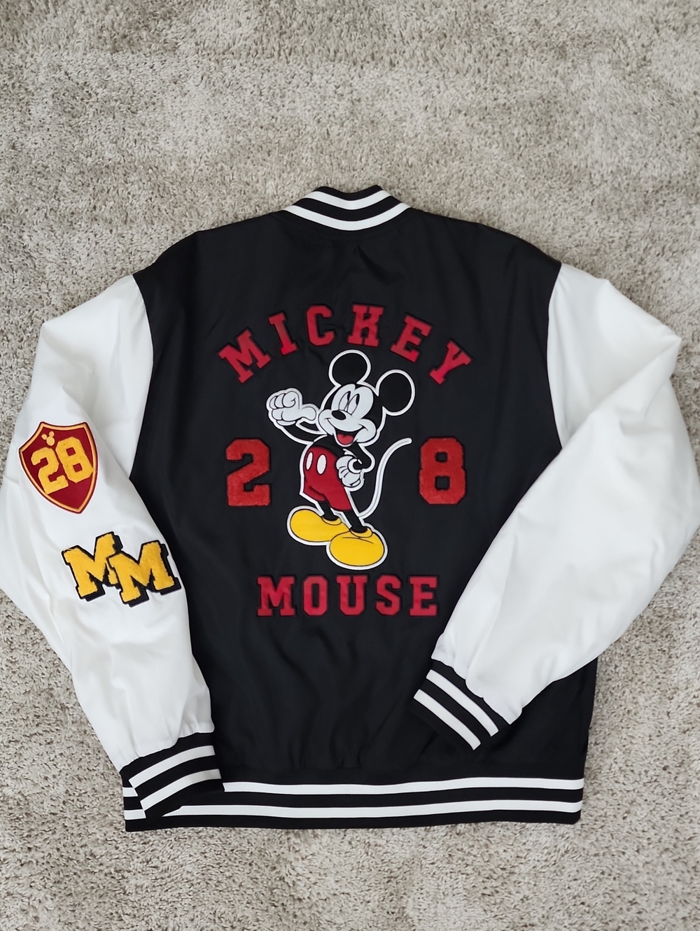 Disney Black & White Bomber Jacket with Red and Yellow Mickey Graphic